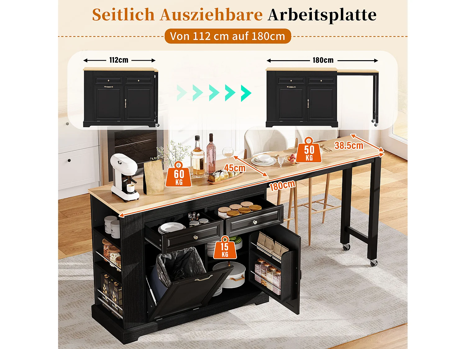 Utdragbar köksö med papperskorg, matplats, 2 dörrar och 2 lådor – 112–180 x 45 x 92 cm – MDF – Svart