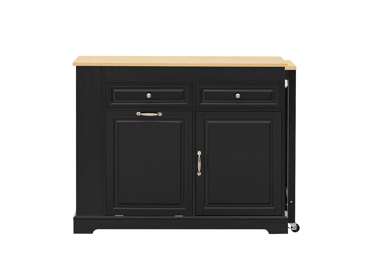 Utdragbar köksö med papperskorg, matplats, 2 dörrar och 2 lådor – 112–180 x 45 x 92 cm – MDF – Svart