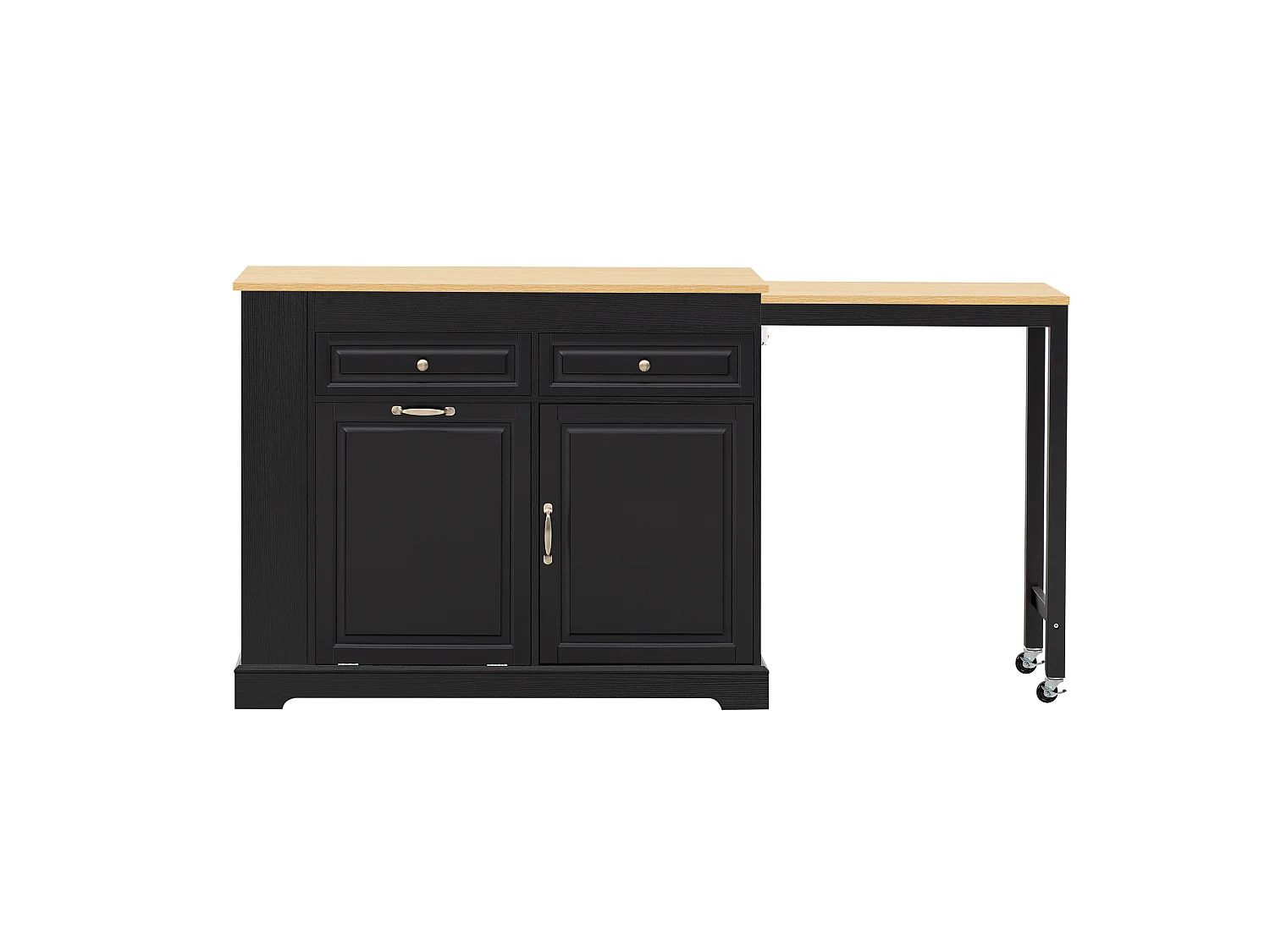 Utdragbar köksö med papperskorg, matplats, 2 dörrar och 2 lådor – 112–180 x 45 x 92 cm – MDF – Svart