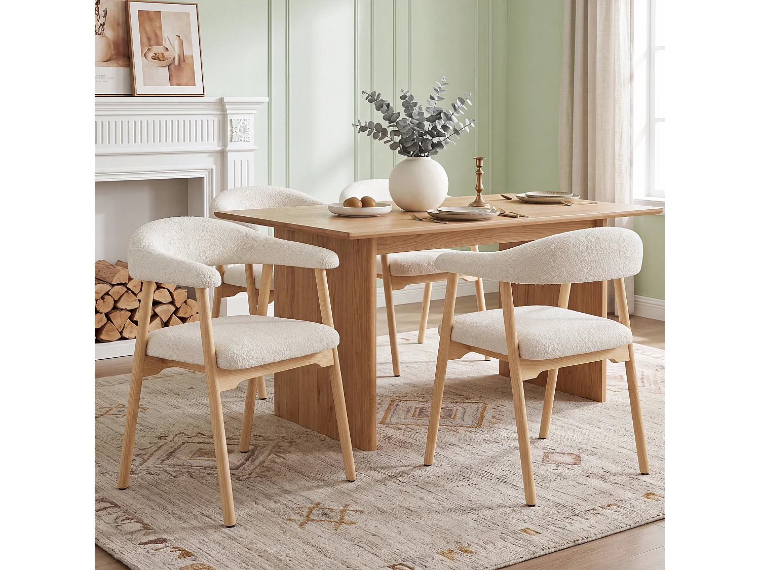 Lot de 6 chaises de salle à manger avec accoudoirs et dossier en C - Bois massif, tissu bouclé - 60,5x57x79,5 cm - Bois naturel + beige