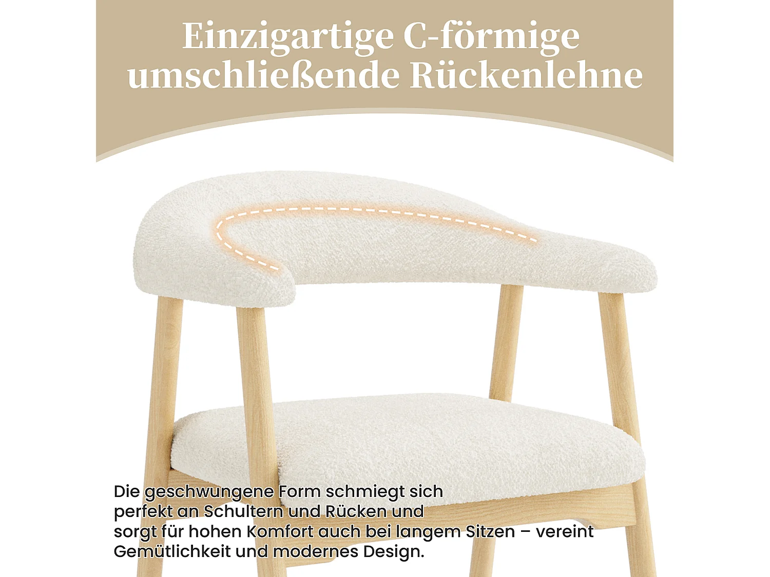 Lot de 6 chaises de salle à manger avec accoudoirs et dossier en C - Bois massif, tissu bouclé - 60,5x57x79,5 cm - Bois naturel + beige