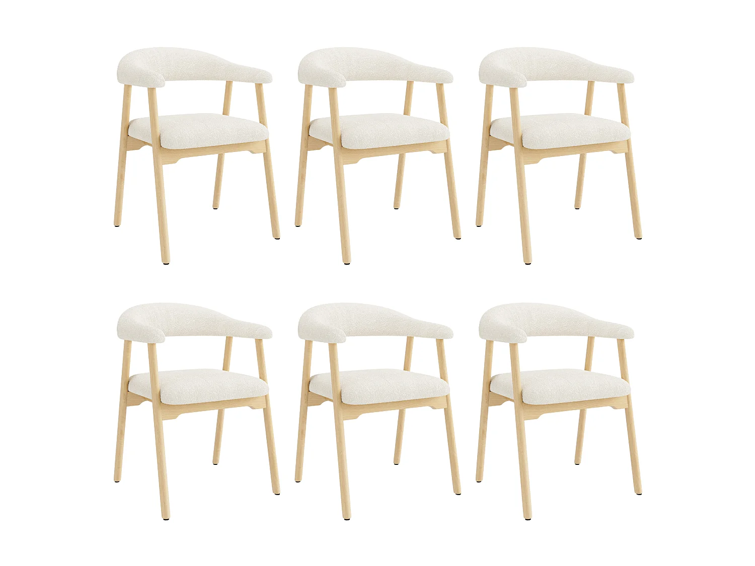 Lot de 6 chaises de salle à manger avec accoudoirs et dossier en C - Bois massif, tissu bouclé - 60,5x57x79,5 cm - Bois naturel + beige