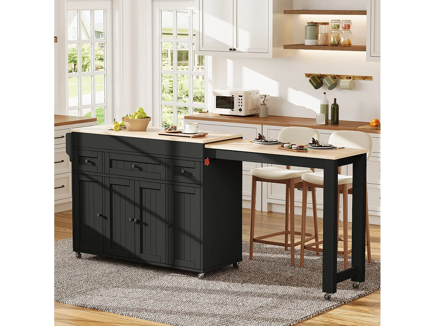 Îlot central de cuisine extensible sur roulettes avec plan de travail, 3 tiroirs et 4 portes – 137–190,6 x 45,2 x 92 cm – MDF – Noir