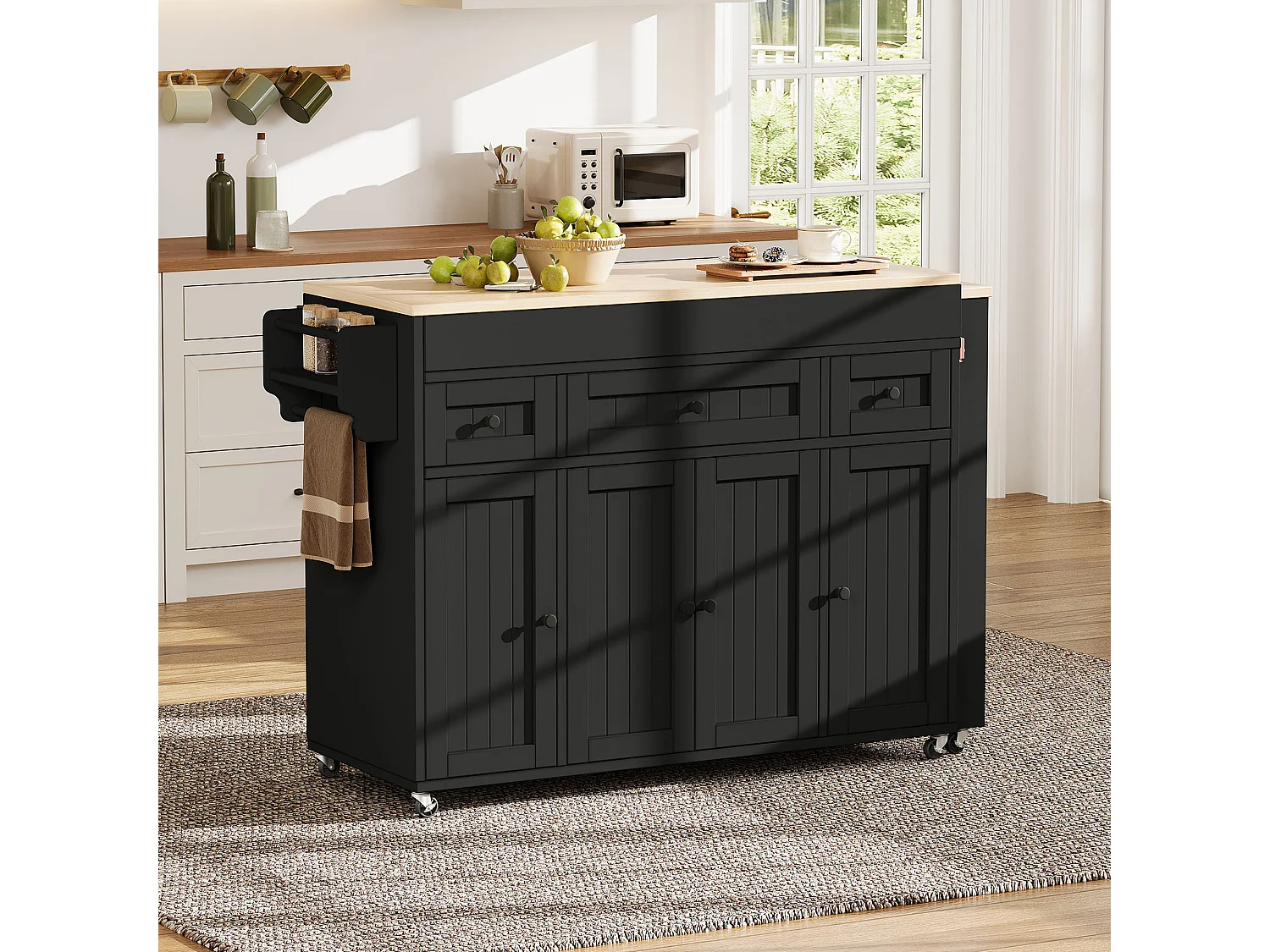 Îlot central de cuisine extensible sur roulettes avec plan de travail, 3 tiroirs et 4 portes – 137–190,6 x 45,2 x 92 cm – MDF – Noir