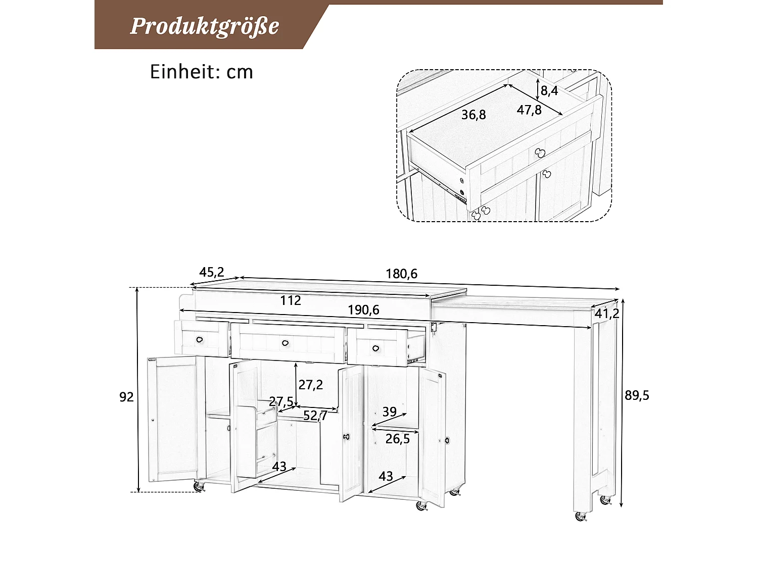 Îlot central de cuisine extensible sur roulettes avec plan de travail, 3 tiroirs et 4 portes – 137–190,6 x 45,2 x 92 cm – MDF – Noir
