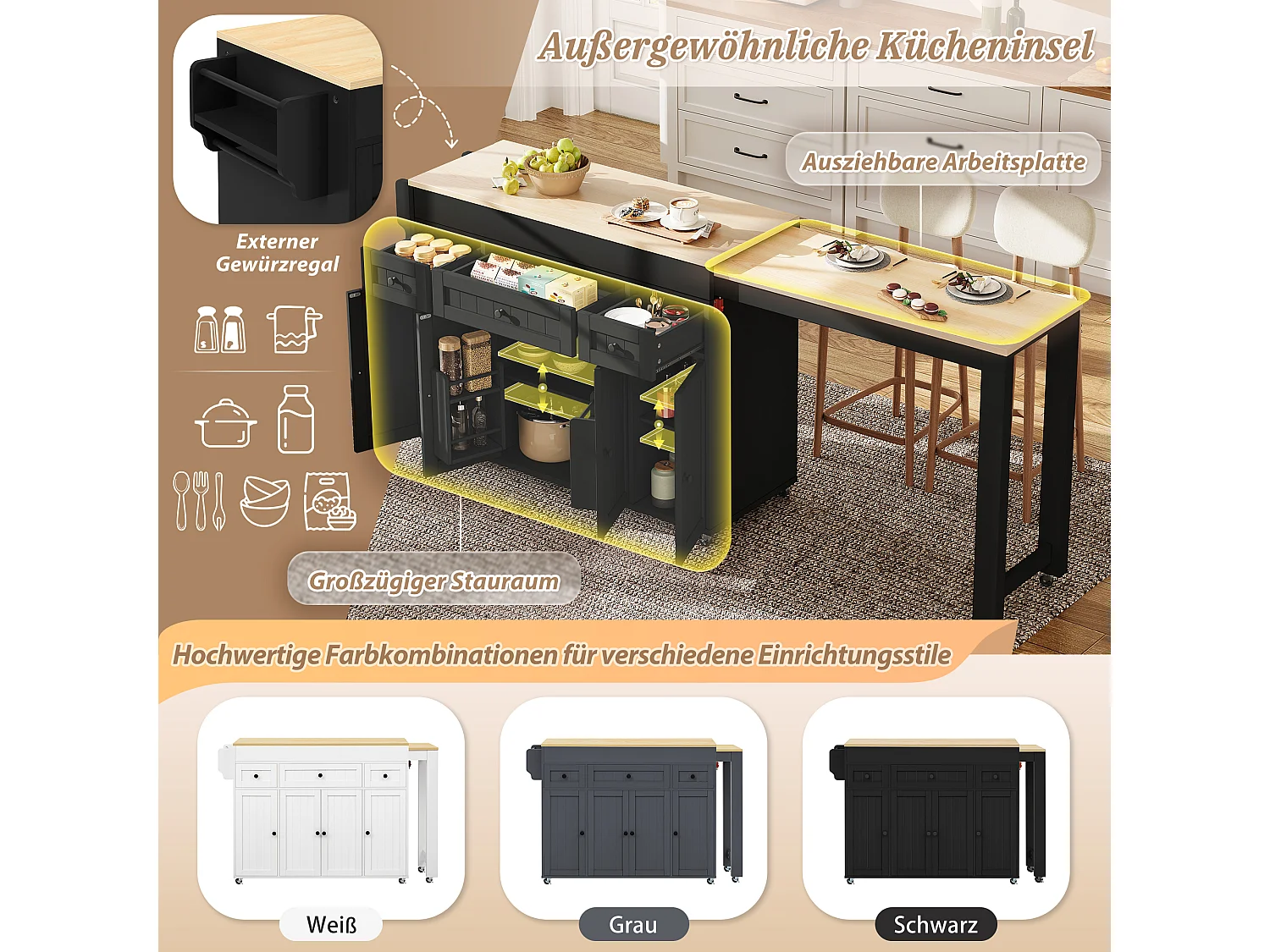 Îlot central de cuisine extensible sur roulettes avec plan de travail, 3 tiroirs et 4 portes – 137–190,6 x 45,2 x 92 cm – MDF – Noir