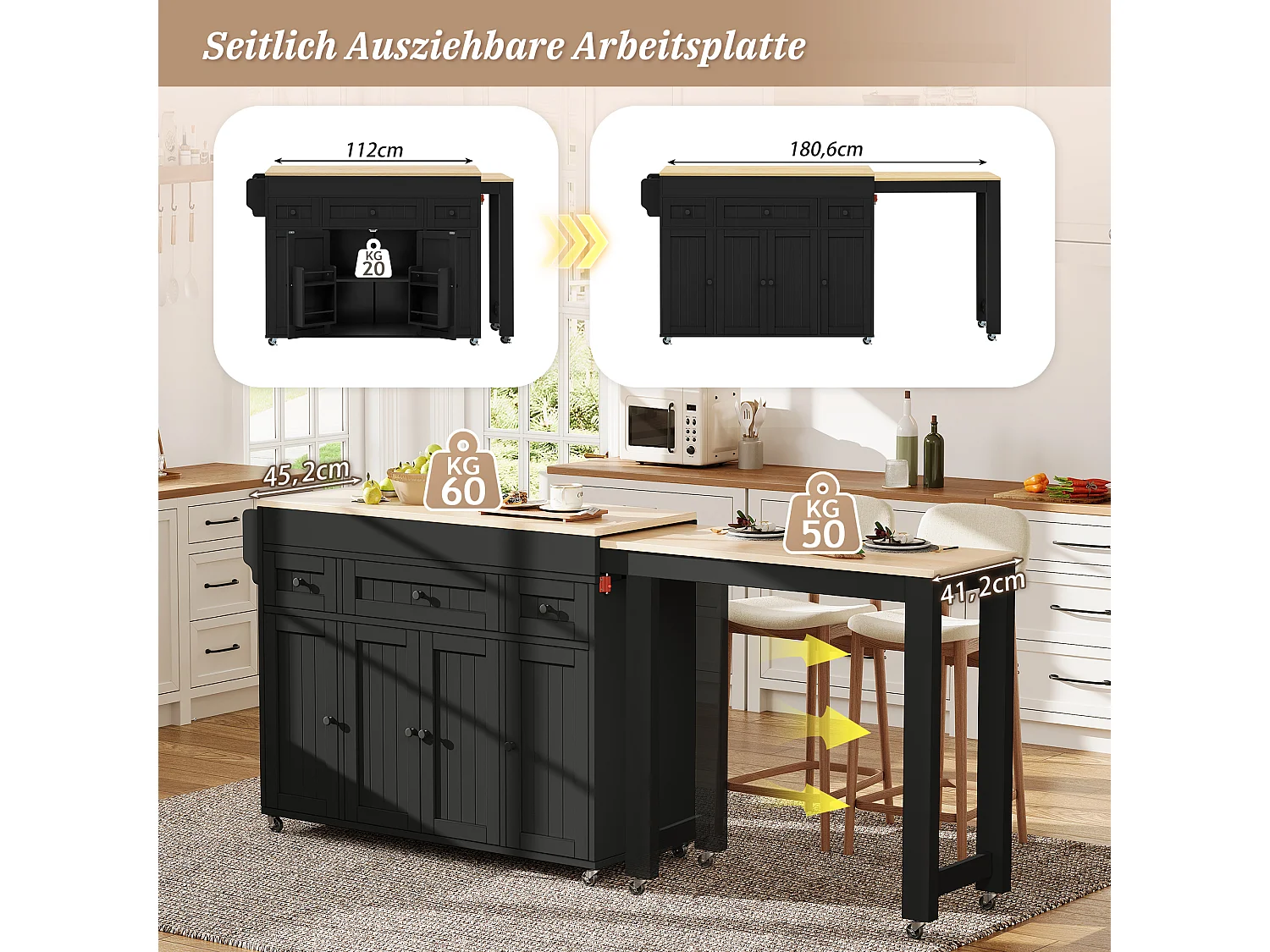 Îlot central de cuisine extensible sur roulettes avec plan de travail, 3 tiroirs et 4 portes – 137–190,6 x 45,2 x 92 cm – MDF – Noir