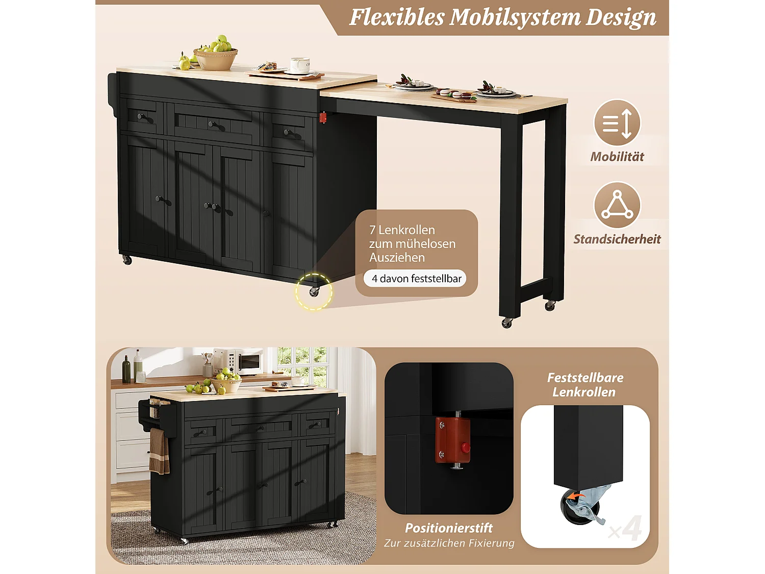 Îlot central de cuisine extensible sur roulettes avec plan de travail, 3 tiroirs et 4 portes – 137–190,6 x 45,2 x 92 cm – MDF – Noir
