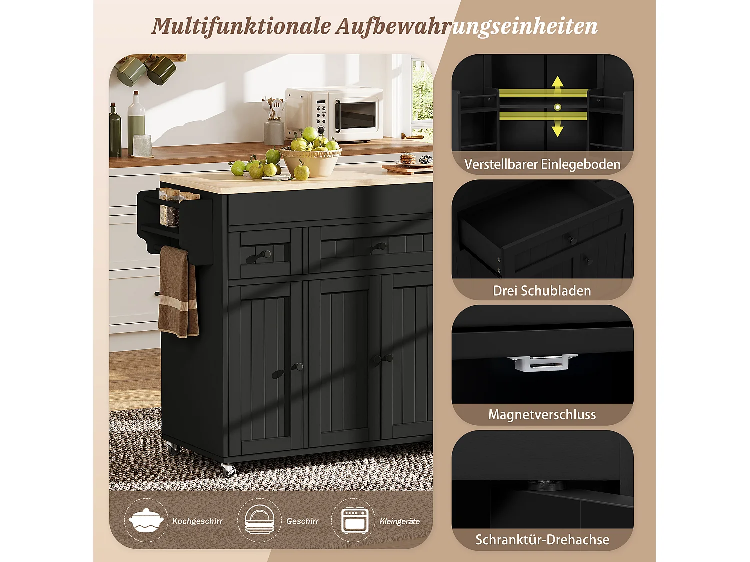 Îlot central de cuisine extensible sur roulettes avec plan de travail, 3 tiroirs et 4 portes – 137–190,6 x 45,2 x 92 cm – MDF – Noir