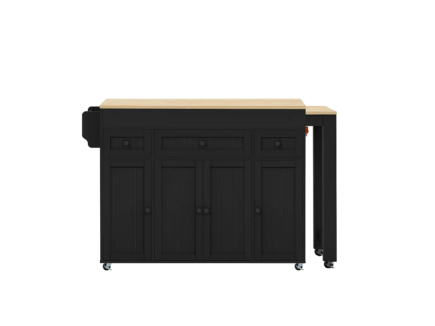 Îlot central de cuisine extensible sur roulettes avec plan de travail, 3 tiroirs et 4 portes – 137–190,6 x 45,2 x 92 cm – MDF – Noir