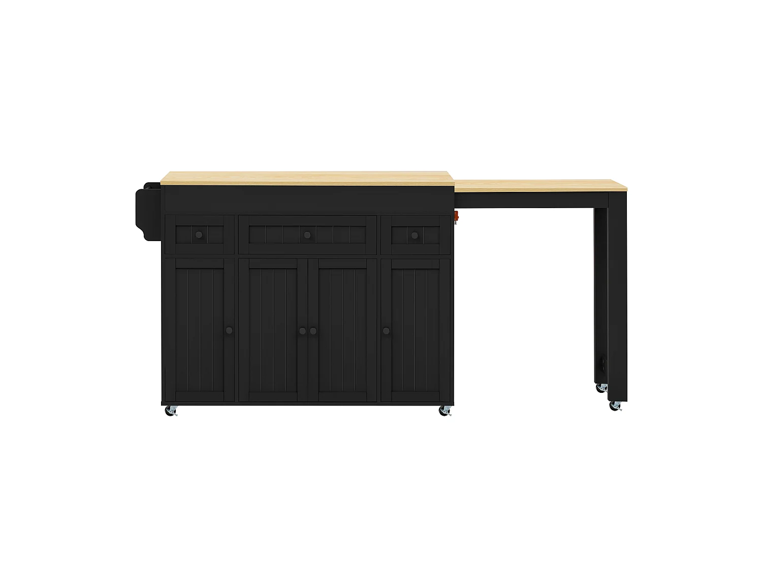 Îlot central de cuisine extensible sur roulettes avec plan de travail, 3 tiroirs et 4 portes – 137–190,6 x 45,2 x 92 cm – MDF – Noir