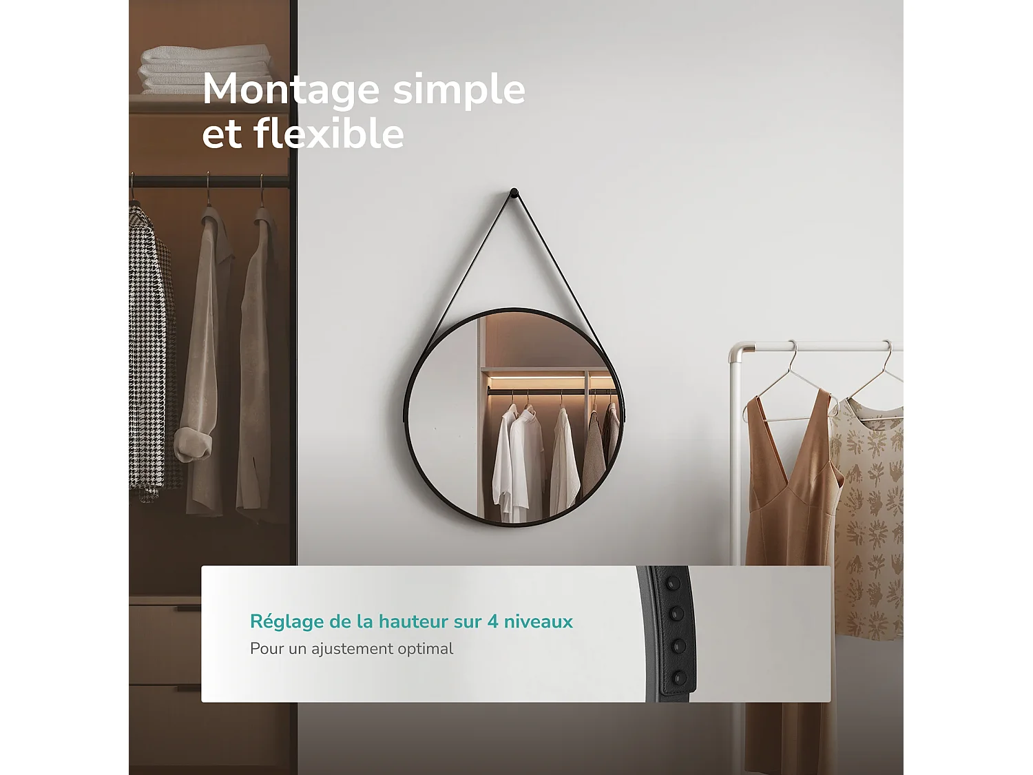 EMKE Miroir Rond Salle de Bain 50 cm avec Cadre Noir Mat et Lanière Réglable