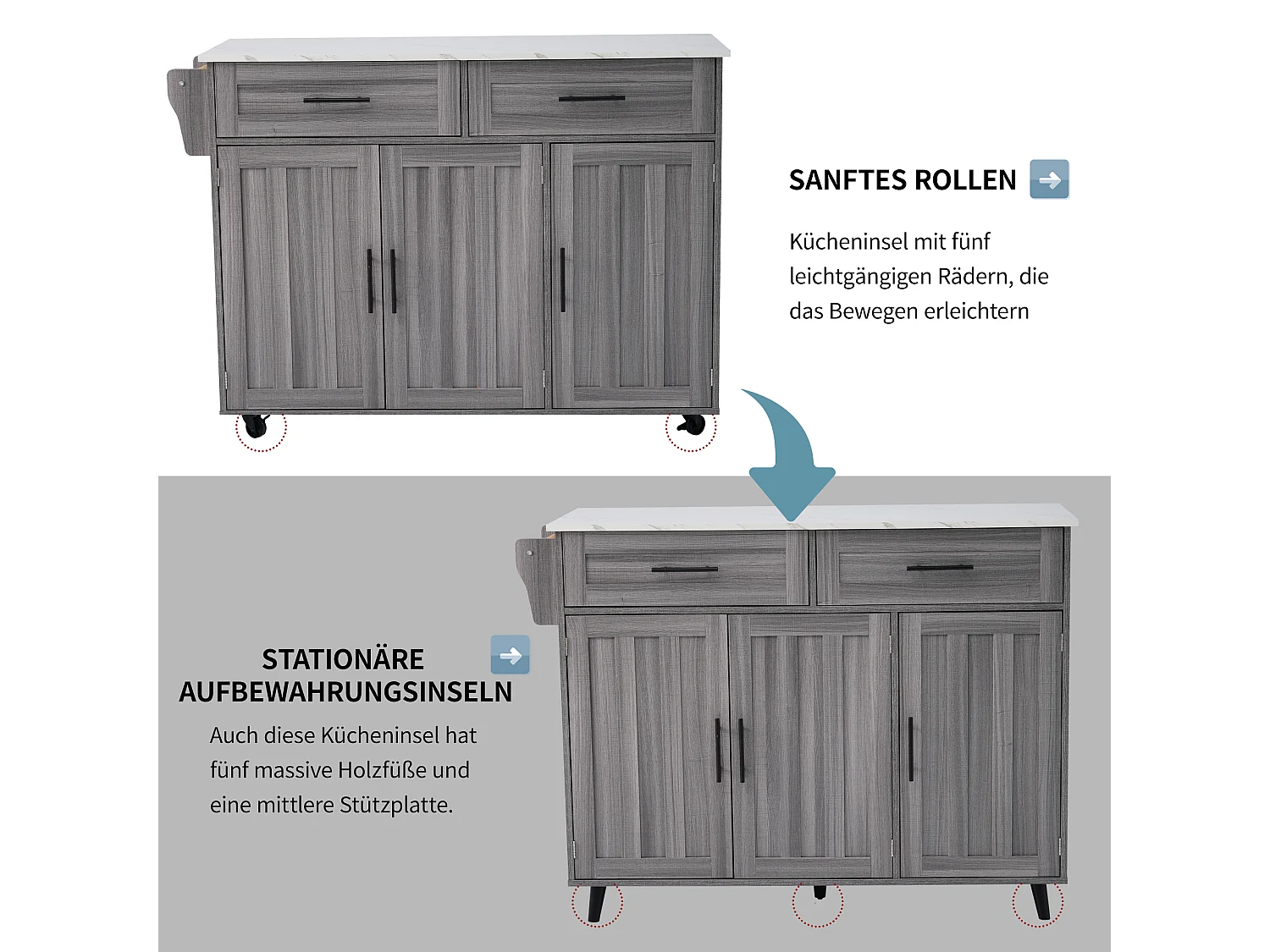 Ilha de cozinha móvel com 3 portas e 2 gavetas - 129 x 46/71 x 91,5 cm - MDF - Tampo extensível - Cinza cáqui