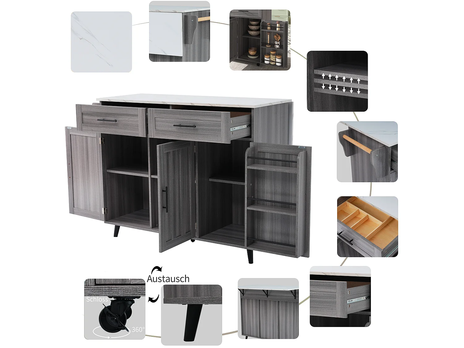 Ilha de cozinha móvel com 3 portas e 2 gavetas - 129 x 46/71 x 91,5 cm - MDF - Tampo extensível - Cinza cáqui