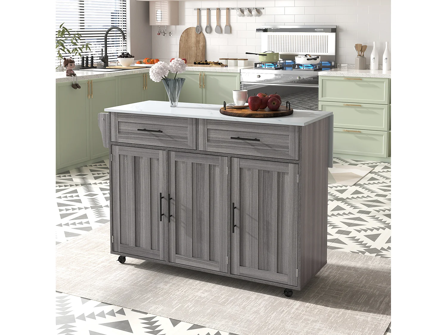 Ilha de cozinha móvel com 3 portas e 2 gavetas - 129 x 46/71 x 91,5 cm - MDF - Tampo extensível - Cinza cáqui