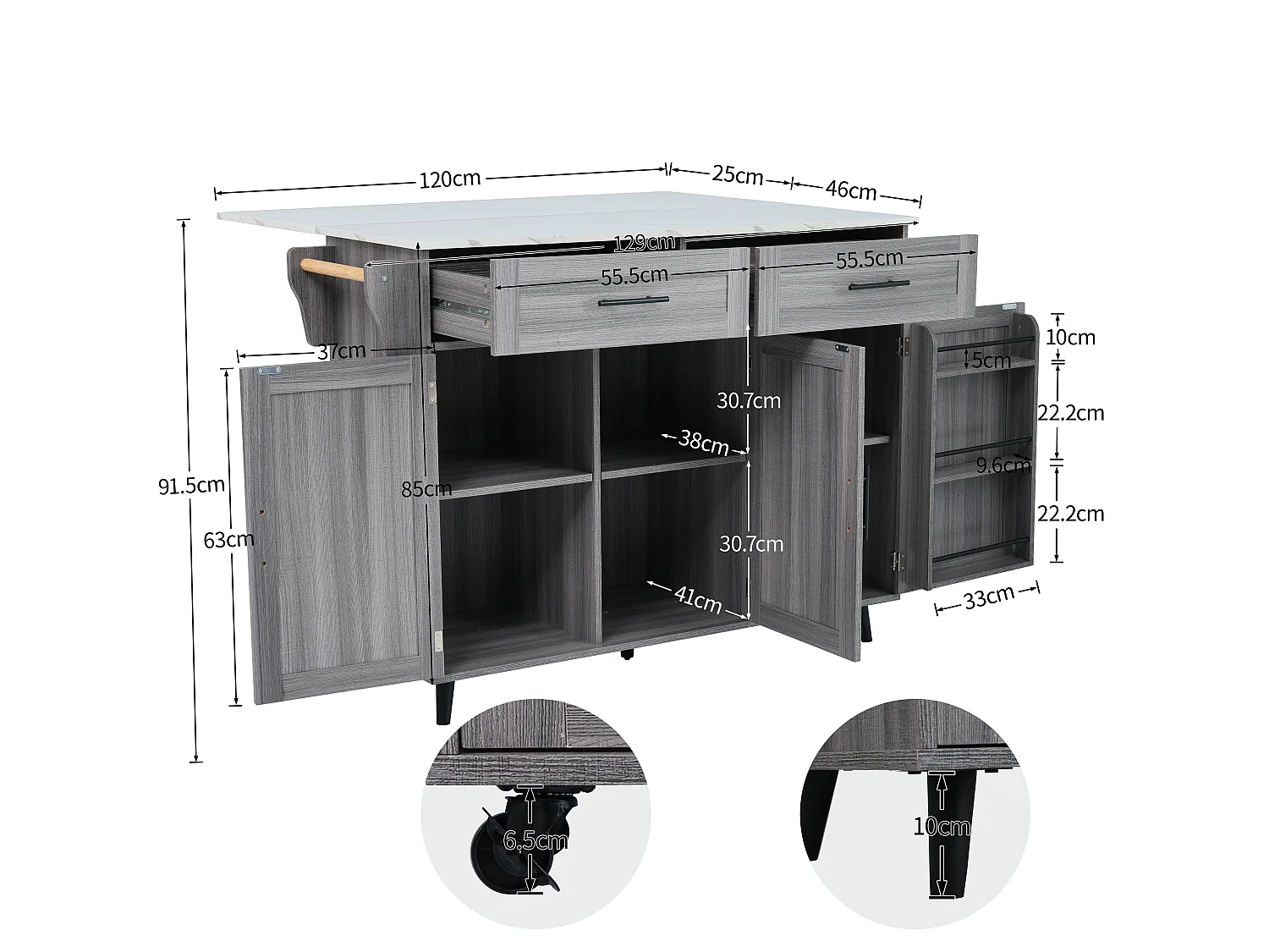 Ilha de cozinha móvel com 3 portas e 2 gavetas - 129 x 46/71 x 91,5 cm - MDF - Tampo extensível - Cinza cáqui