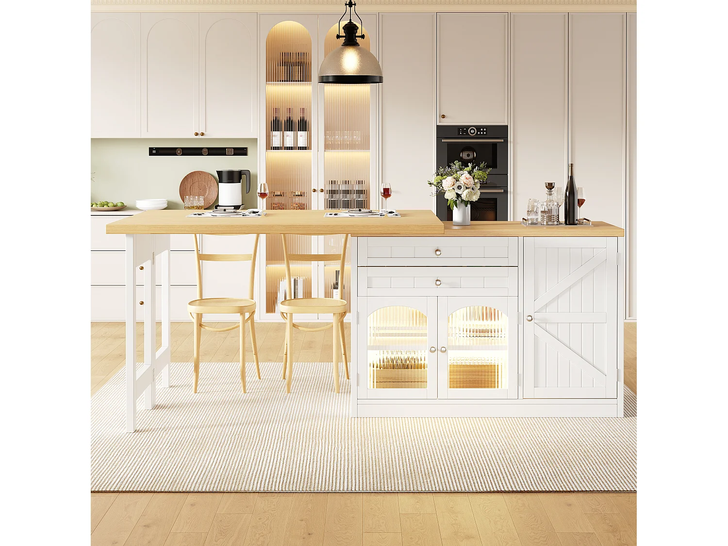 Utdragbar köksö med 360° vridbar och fällbar topp, 3 dörrar och 2 lådor – 120–194 x 40 x 73,5 cm – MDF/metall – Vit