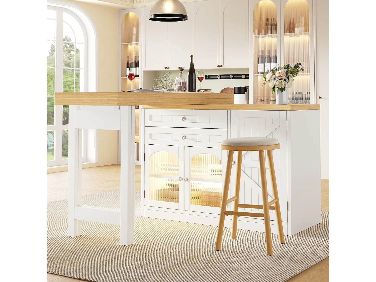 Utdragbar köksö med 360° vridbar och fällbar topp, 3 dörrar och 2 lådor – 120–194 x 40 x 73,5 cm – MDF/metall – Vit
