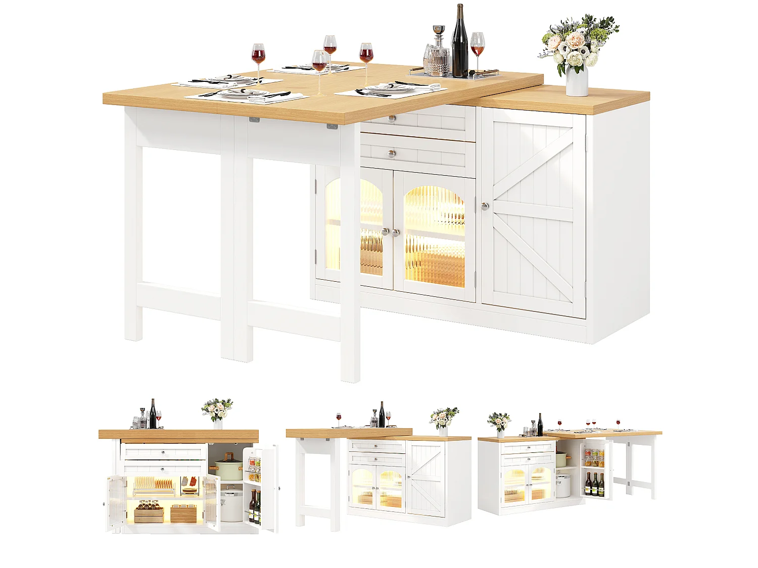 Utdragbar köksö med 360° vridbar och fällbar topp, 3 dörrar och 2 lådor – 120–194 x 40 x 73,5 cm – MDF/metall – Vit