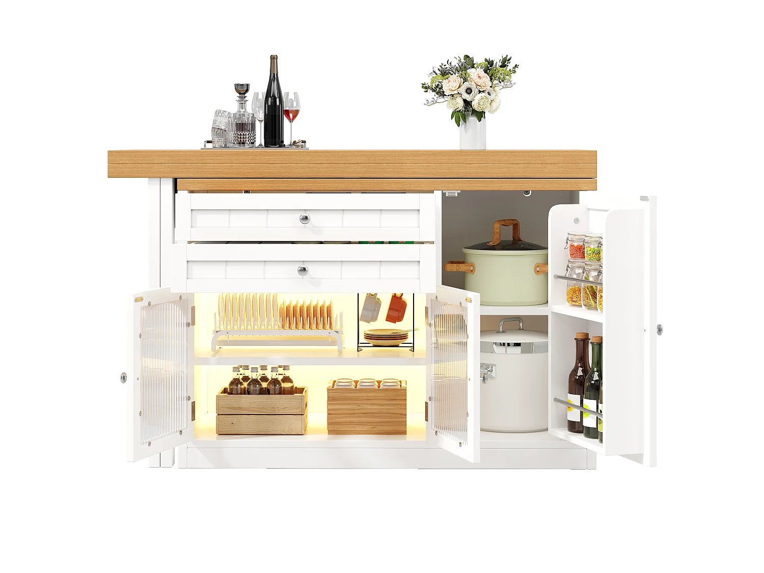 Utdragbar köksö med 360° vridbar och fällbar topp, 3 dörrar och 2 lådor – 120–194 x 40 x 73,5 cm – MDF/metall – Vit