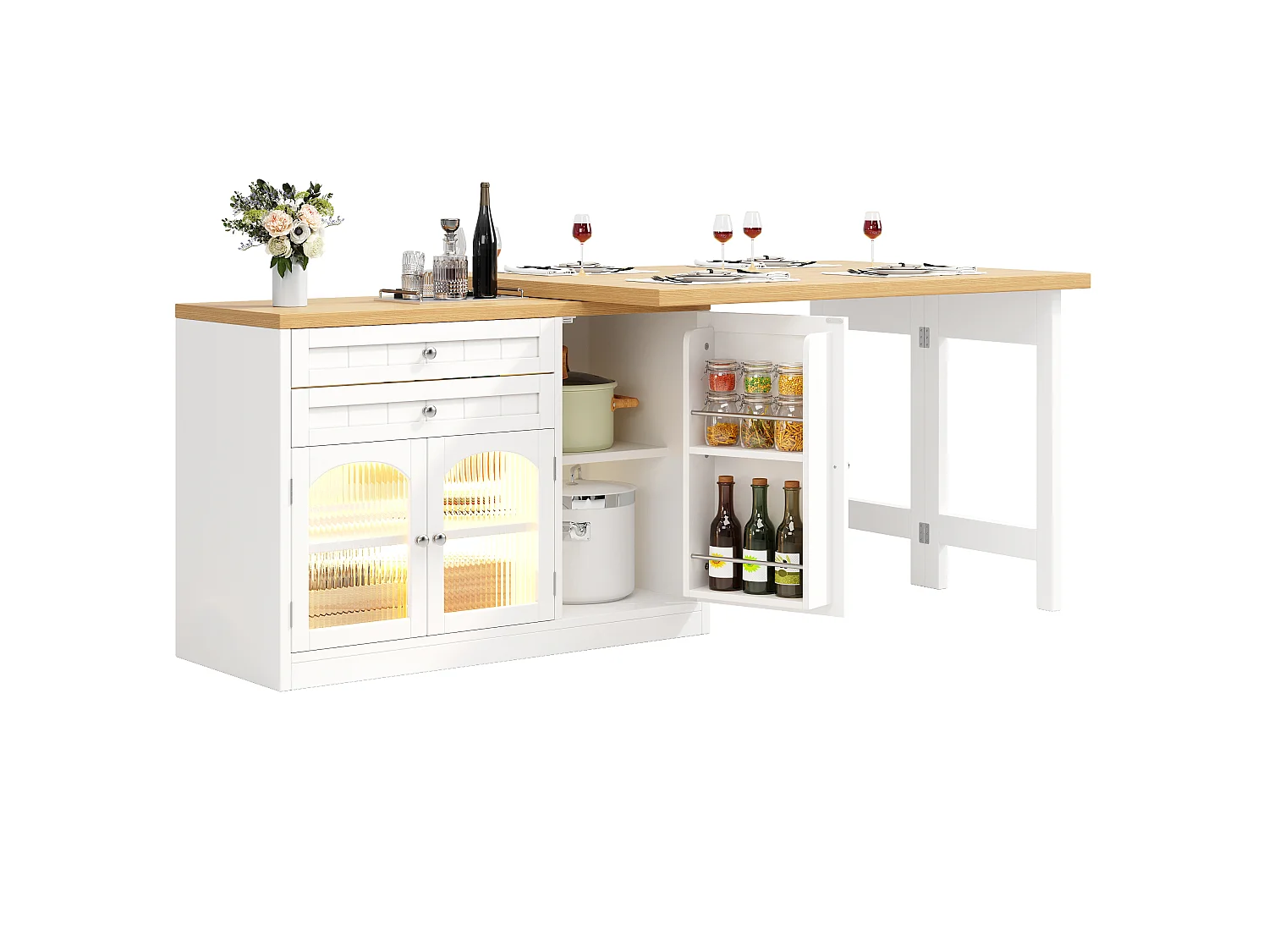 Utdragbar köksö med 360° vridbar och fällbar topp, 3 dörrar och 2 lådor – 120–194 x 40 x 73,5 cm – MDF/metall – Vit