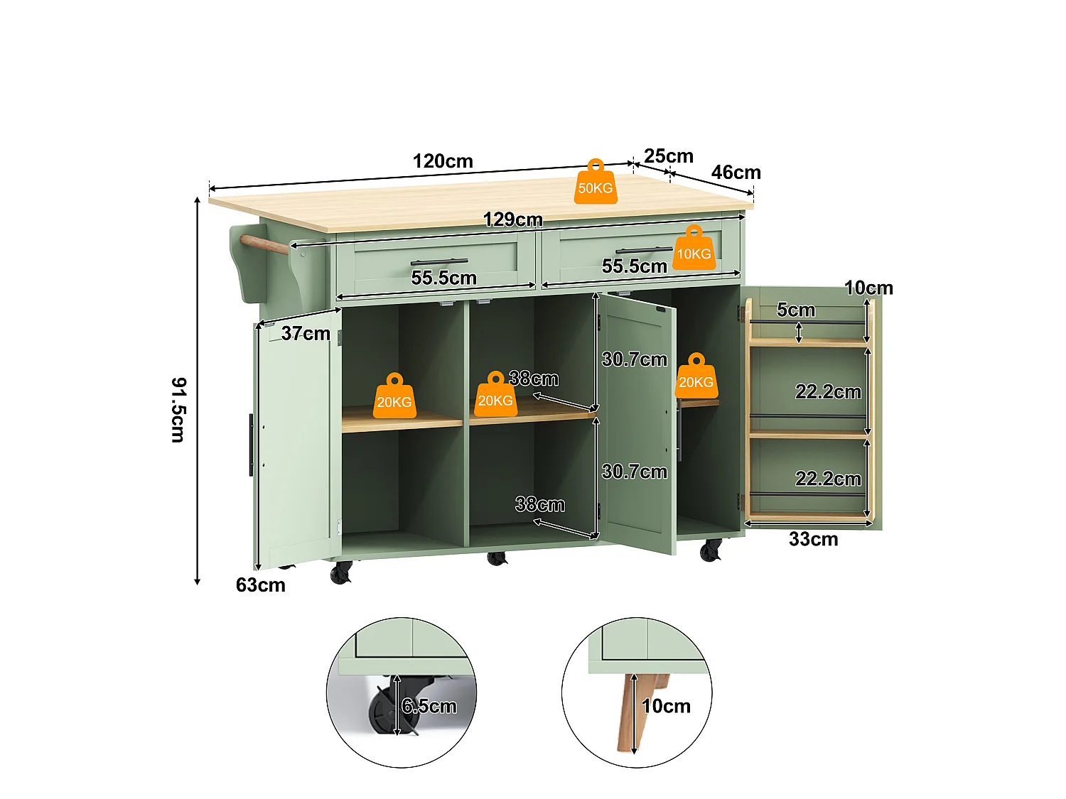 Mobil köksö - utdragbar fällbar topp, 2 lådor, justerbara hyllor och 3 dörrar – 129 × 46/71 × 91,5 cm – Grön