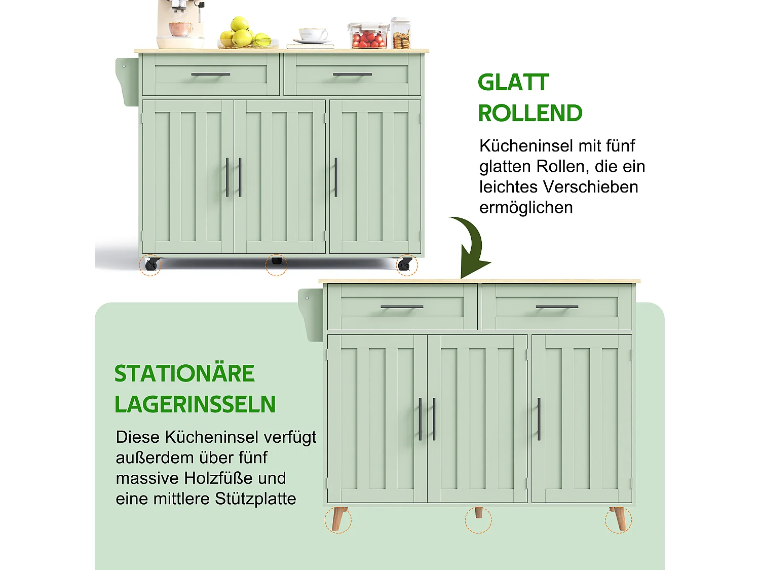 Mobil köksö - utdragbar fällbar topp, 2 lådor, justerbara hyllor och 3 dörrar – 129 × 46/71 × 91,5 cm – Grön