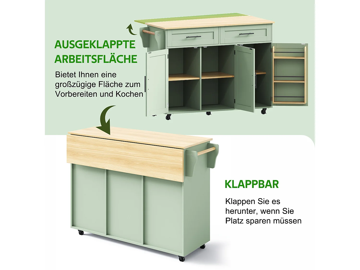 Mobil köksö - utdragbar fällbar topp, 2 lådor, justerbara hyllor och 3 dörrar – 129 × 46/71 × 91,5 cm – Grön
