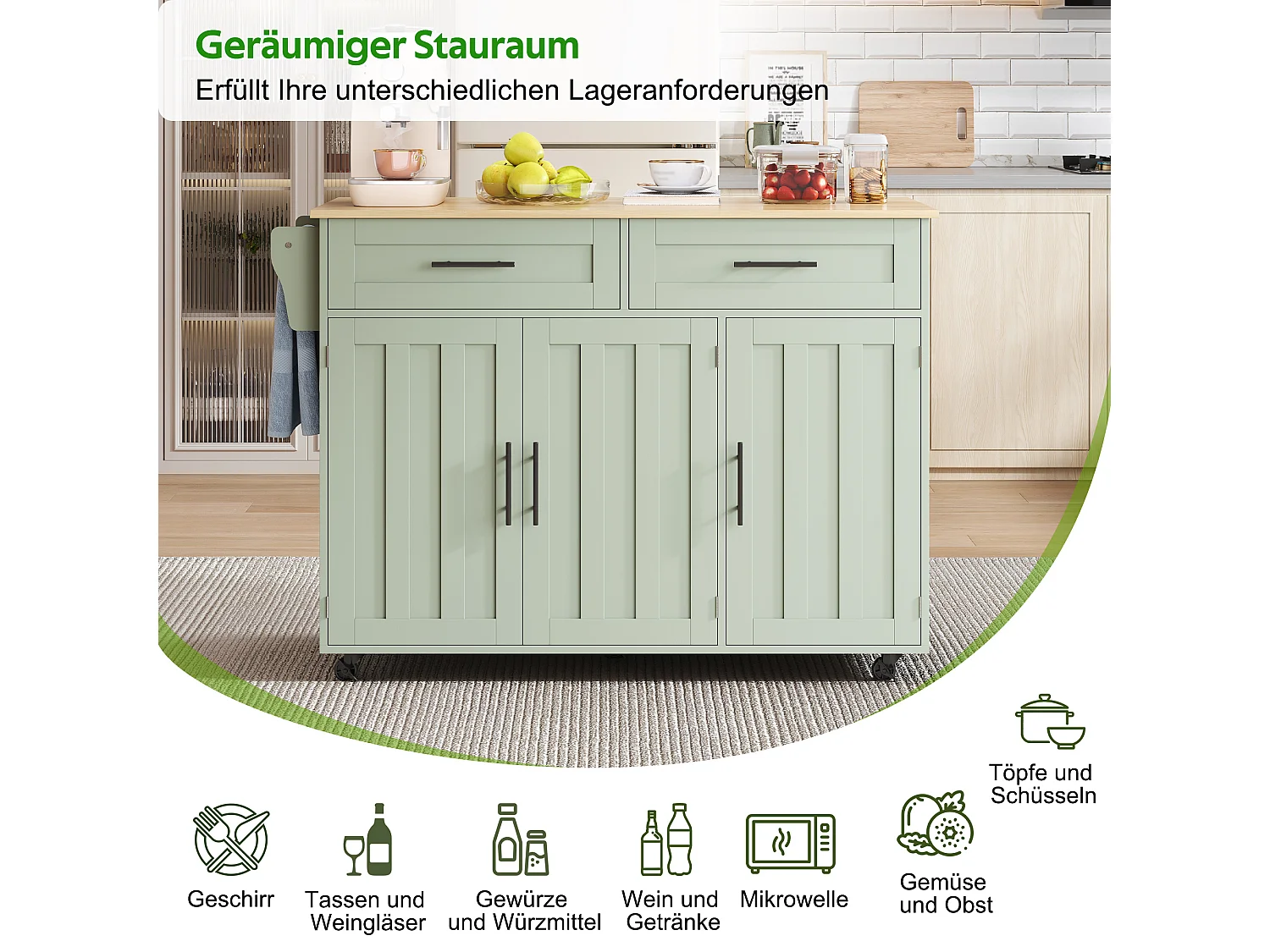 Mobil köksö - utdragbar fällbar topp, 2 lådor, justerbara hyllor och 3 dörrar – 129 × 46/71 × 91,5 cm – Grön