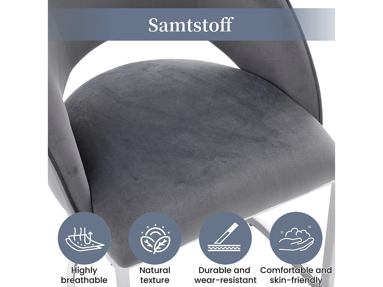 Set di 2 sedie da pranzo con schienale curvo e gambe in metallo zincato - Velluto - 59 x 56 x 80 cm - Grigio + argento