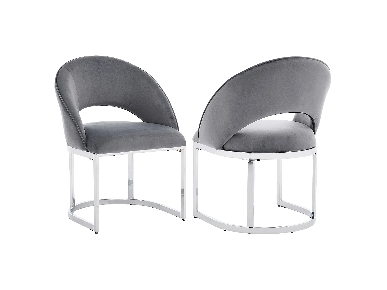 Set di 2 sedie da pranzo con schienale curvo e gambe in metallo zincato - Velluto - 59 x 56 x 80 cm - Grigio + argento