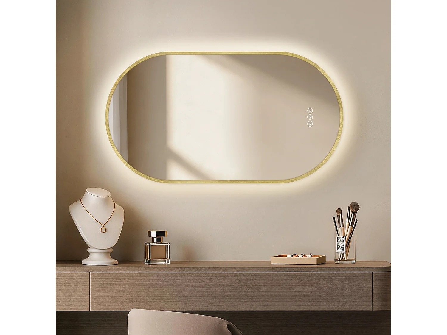 EMKE Miroir de salle de bain LED Ovale Cadre Doré Brossé 45x75 cm, Anti-buée, Interrupteur tactile, 3 couleurs de lumière réglable, Mémoire