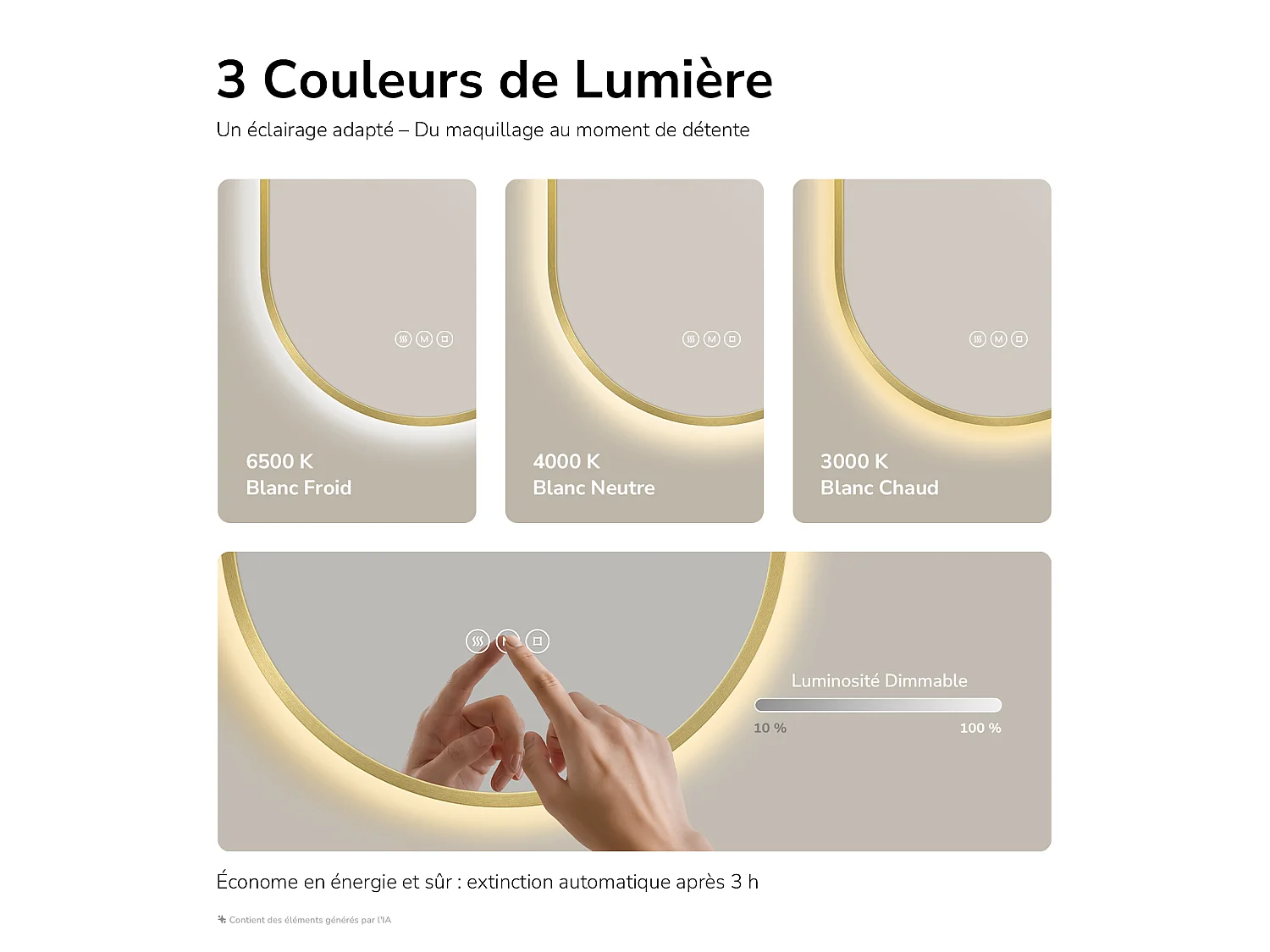 EMKE Miroir de salle de bain LED Ovale Cadre Doré Brossé 45x75 cm, Anti-buée, Interrupteur tactile, 3 couleurs de lumière réglable, Mémoire
