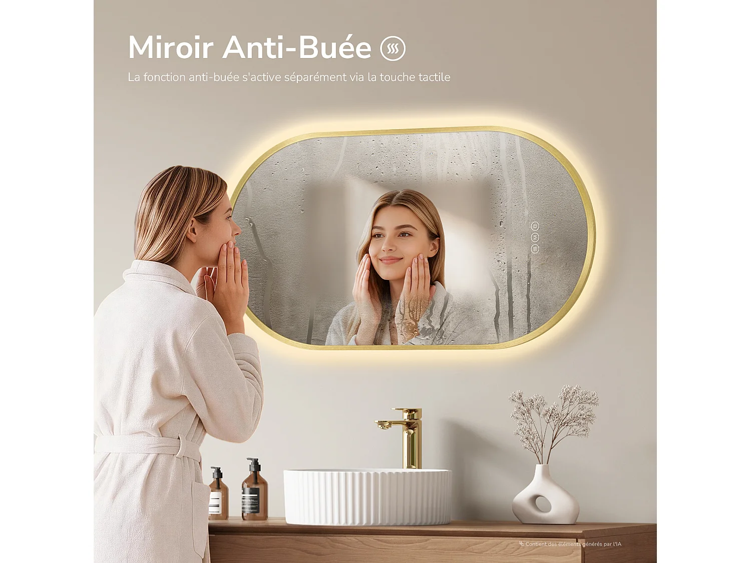 EMKE Miroir de salle de bain LED Ovale Cadre Doré Brossé 45x75 cm, Anti-buée, Interrupteur tactile, 3 couleurs de lumière réglable, Mémoire
