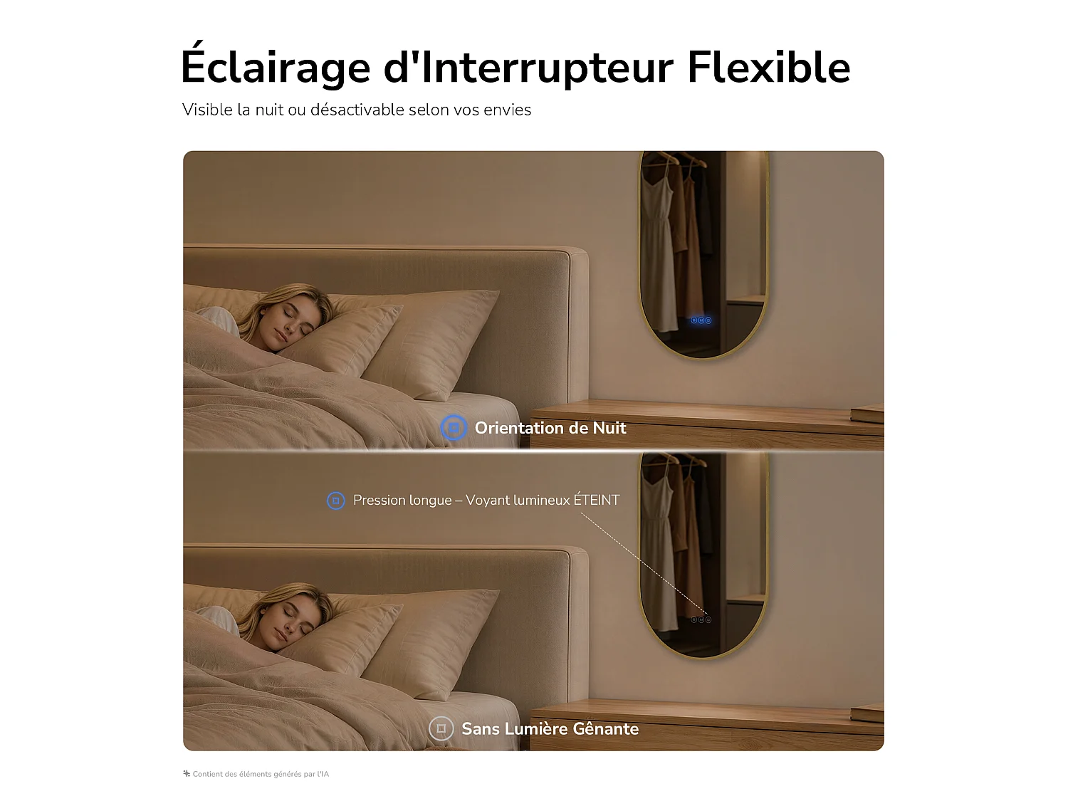 EMKE Miroir de salle de bain LED Ovale Cadre Doré Brossé 45x75 cm, Anti-buée, Interrupteur tactile, 3 couleurs de lumière réglable, Mémoire