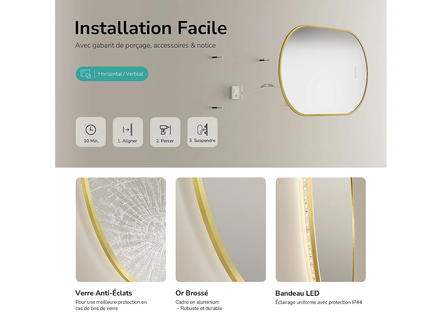 EMKE Miroir de salle de bain LED Ovale Cadre Doré Brossé 45x75 cm, Anti-buée, Interrupteur tactile, 3 couleurs de lumière réglable, Mémoire