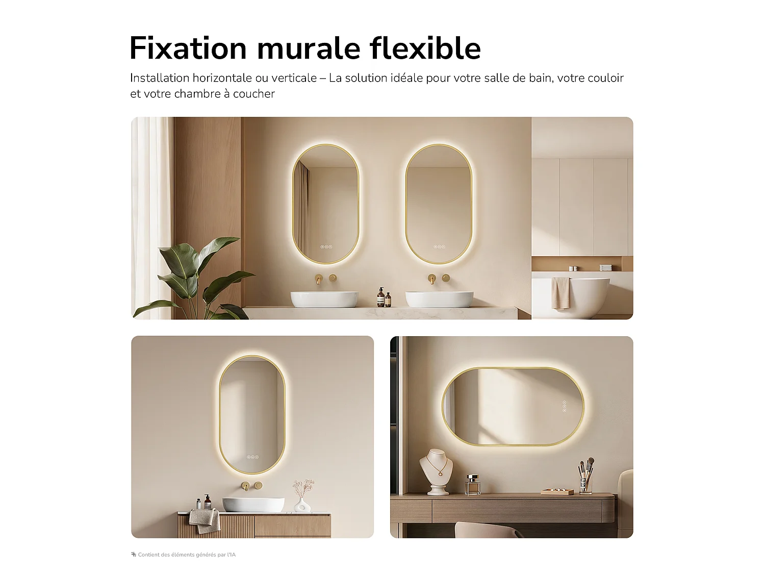 EMKE Miroir de salle de bain LED Ovale Cadre Doré Brossé 45x75 cm, Anti-buée, Interrupteur tactile, 3 couleurs de lumière réglable, Mémoire