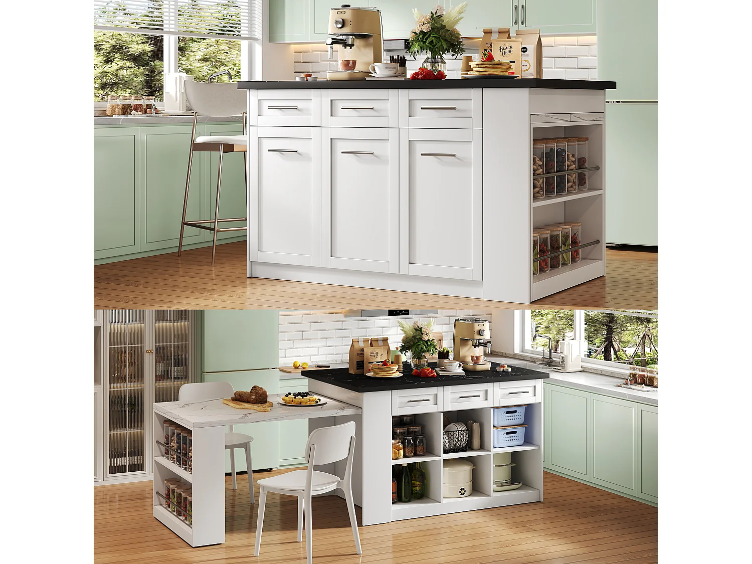 Îlot central de cuisine avec table à manger escamotable, 6 tiroirs et 3 porte - 150 x 90 x 90 cm - MDF effet marbre blanc - Blanc