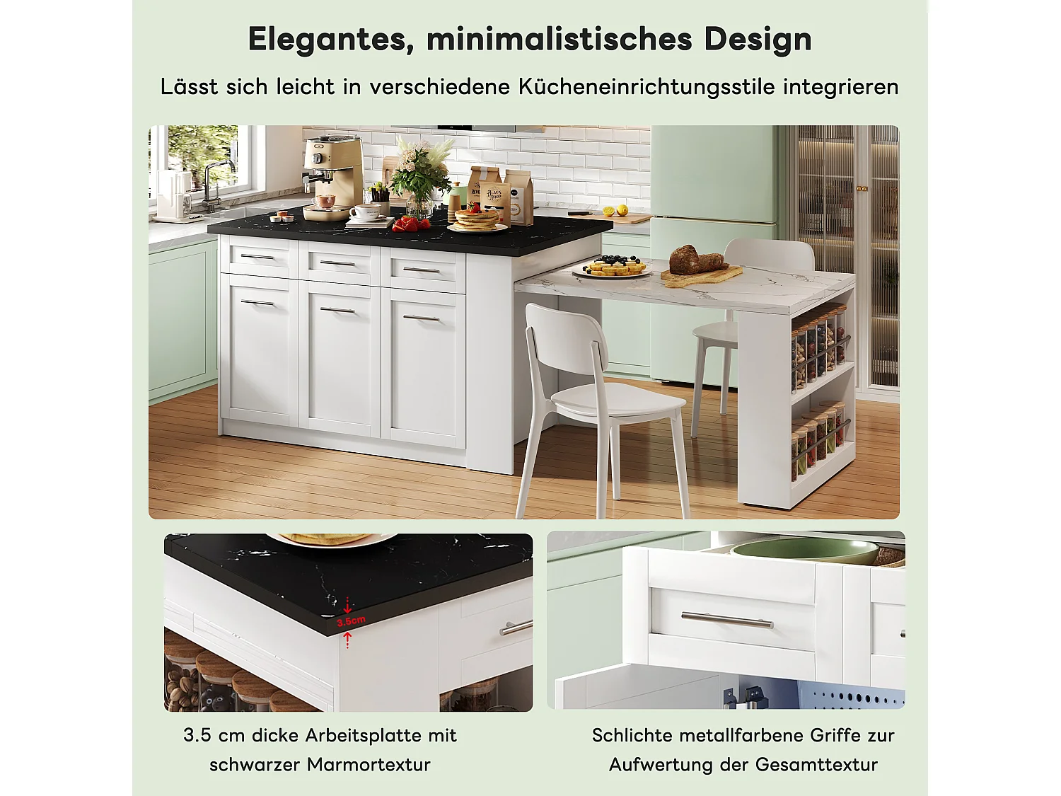 Îlot central de cuisine avec table à manger escamotable, 6 tiroirs et 3 porte - 150 x 90 x 90 cm - MDF effet marbre blanc - Blanc