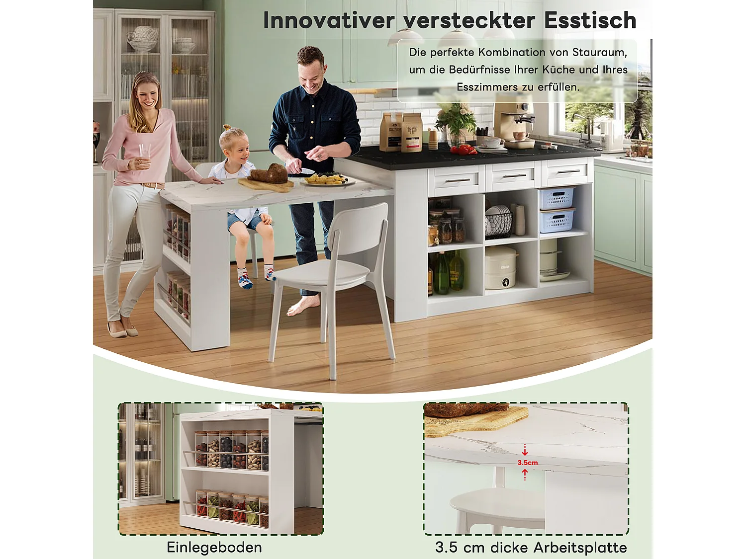 Îlot central de cuisine avec table à manger escamotable, 6 tiroirs et 3 porte - 150 x 90 x 90 cm - MDF effet marbre blanc - Blanc
