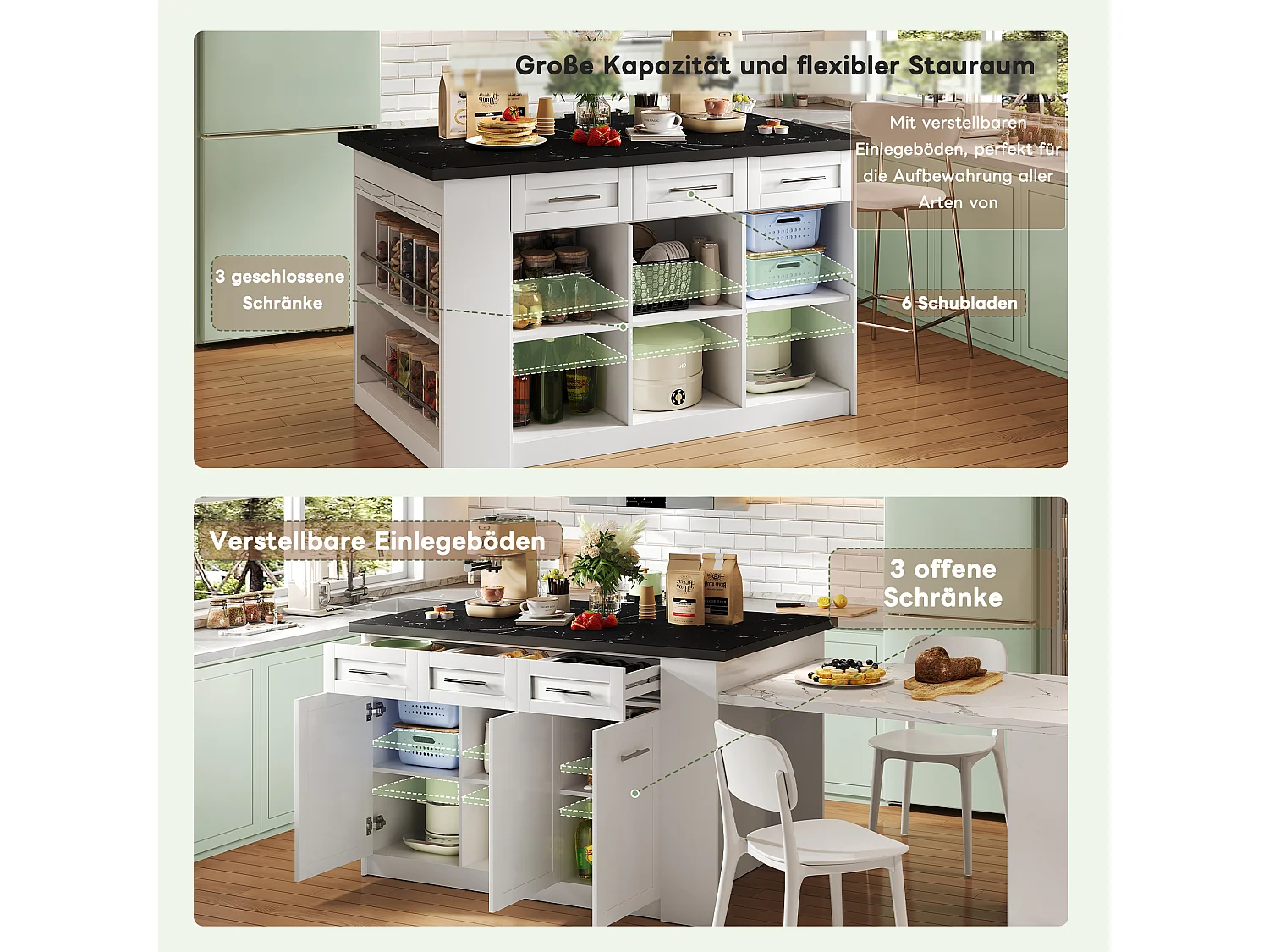 Îlot central de cuisine avec table à manger escamotable, 6 tiroirs et 3 porte - 150 x 90 x 90 cm - MDF effet marbre blanc - Blanc