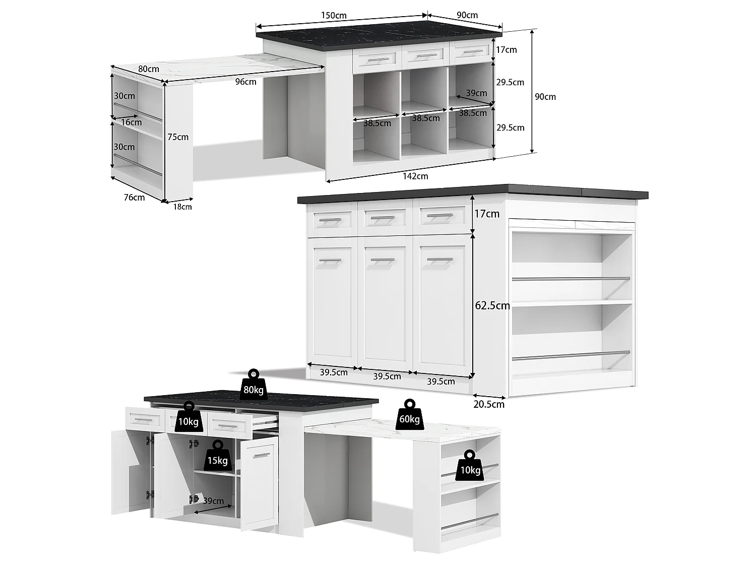 Îlot central de cuisine avec table à manger escamotable, 6 tiroirs et 3 porte - 150 x 90 x 90 cm - MDF effet marbre blanc - Blanc