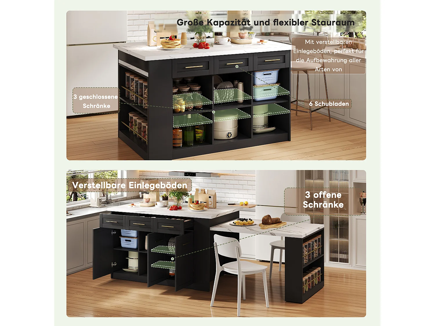 Îlot central de cuisine avec table à manger escamotable, 6 tiroirs et 3 porte - 150 x 90 x 90 cm - MDF effet marbre blanc - Noir