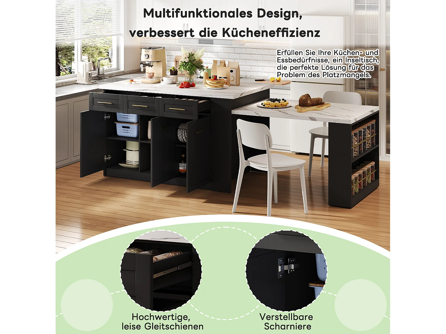 Îlot central de cuisine avec table à manger escamotable, 6 tiroirs et 3 porte - 150 x 90 x 90 cm - MDF effet marbre blanc - Noir