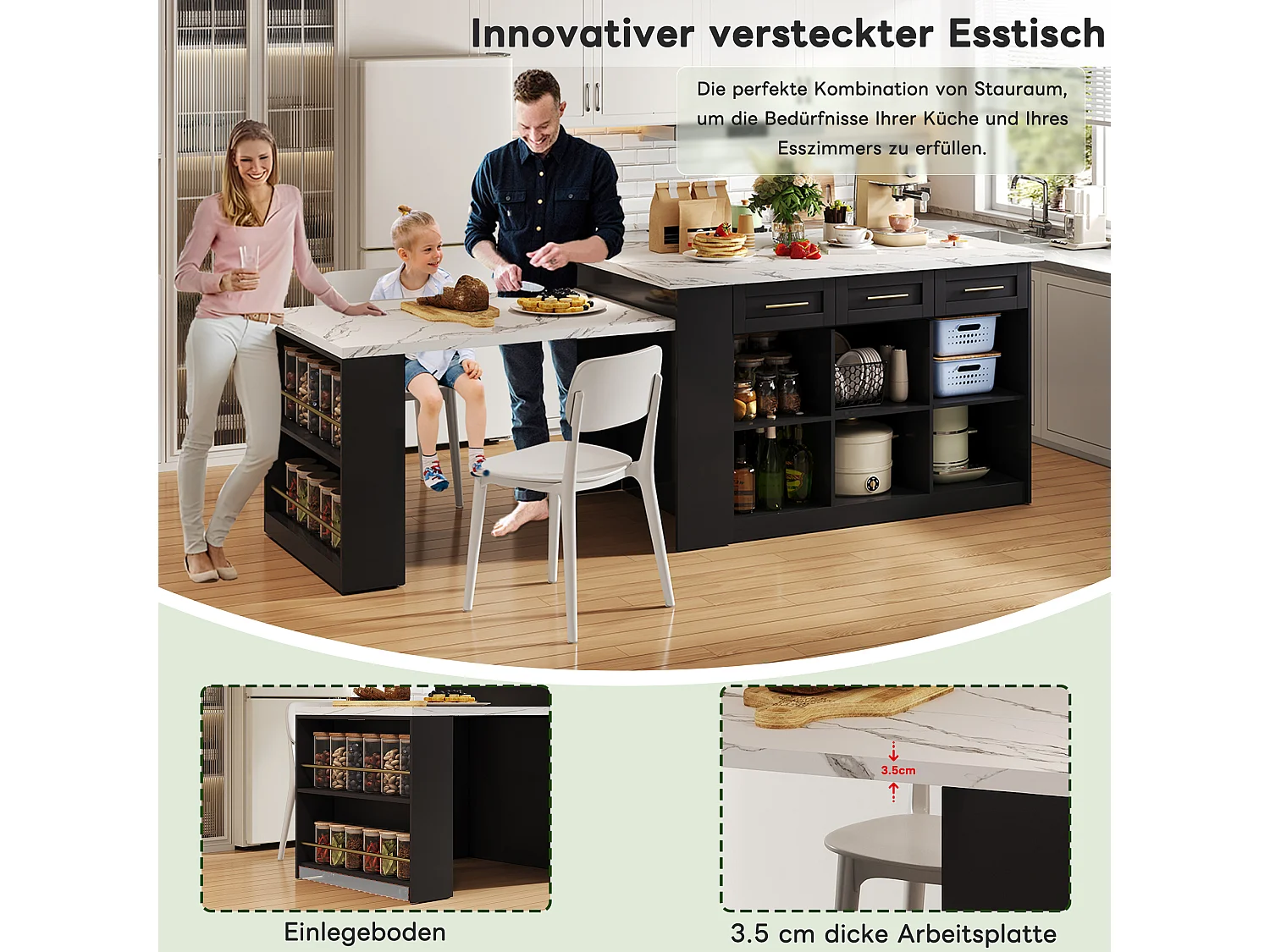 Îlot central de cuisine avec table à manger escamotable, 6 tiroirs et 3 porte - 150 x 90 x 90 cm - MDF effet marbre blanc - Noir