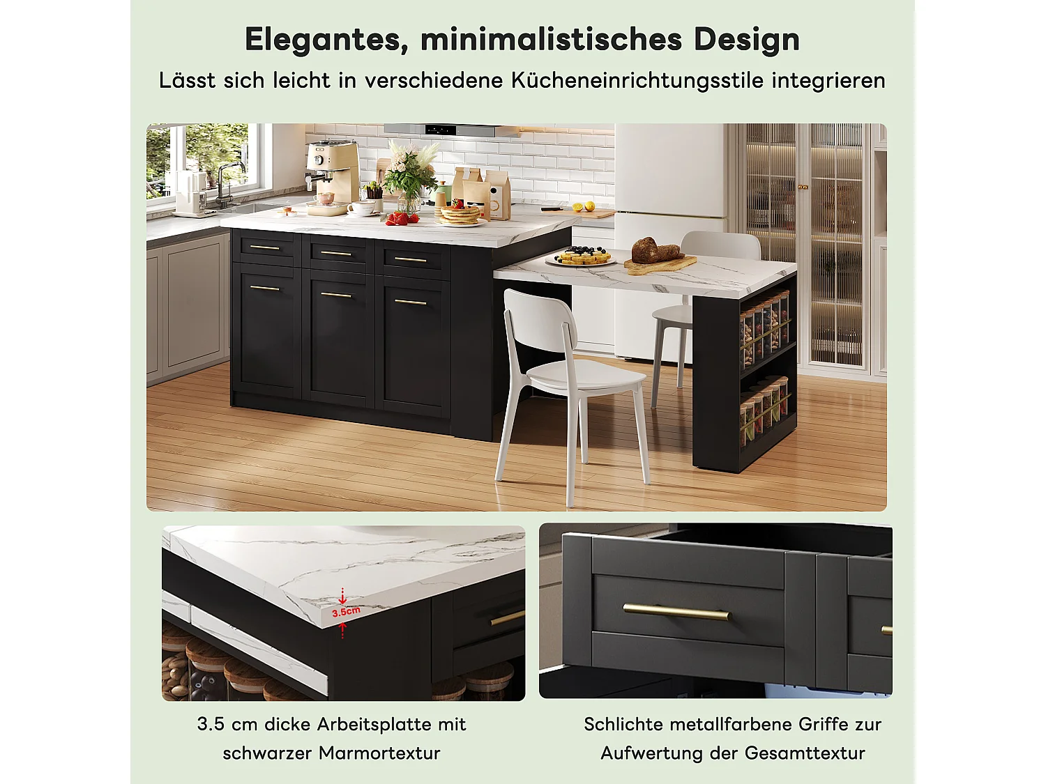 Îlot central de cuisine avec table à manger escamotable, 6 tiroirs et 3 porte - 150 x 90 x 90 cm - MDF effet marbre blanc - Noir
