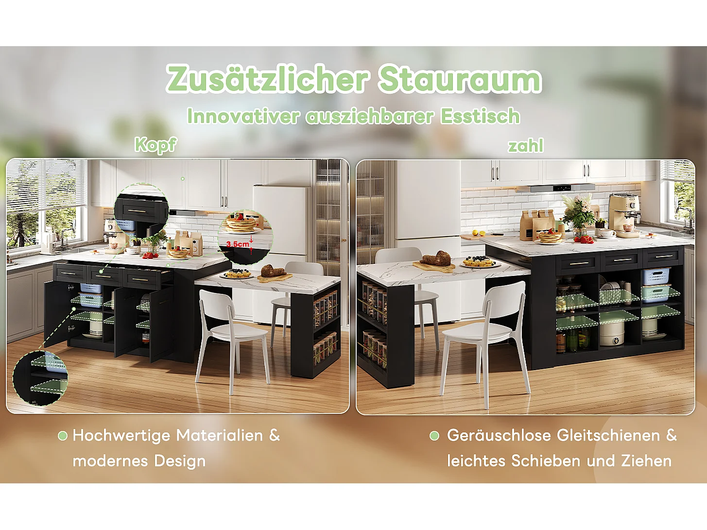 Îlot central de cuisine avec table à manger escamotable, 6 tiroirs et 3 porte - 150 x 90 x 90 cm - MDF effet marbre blanc - Noir