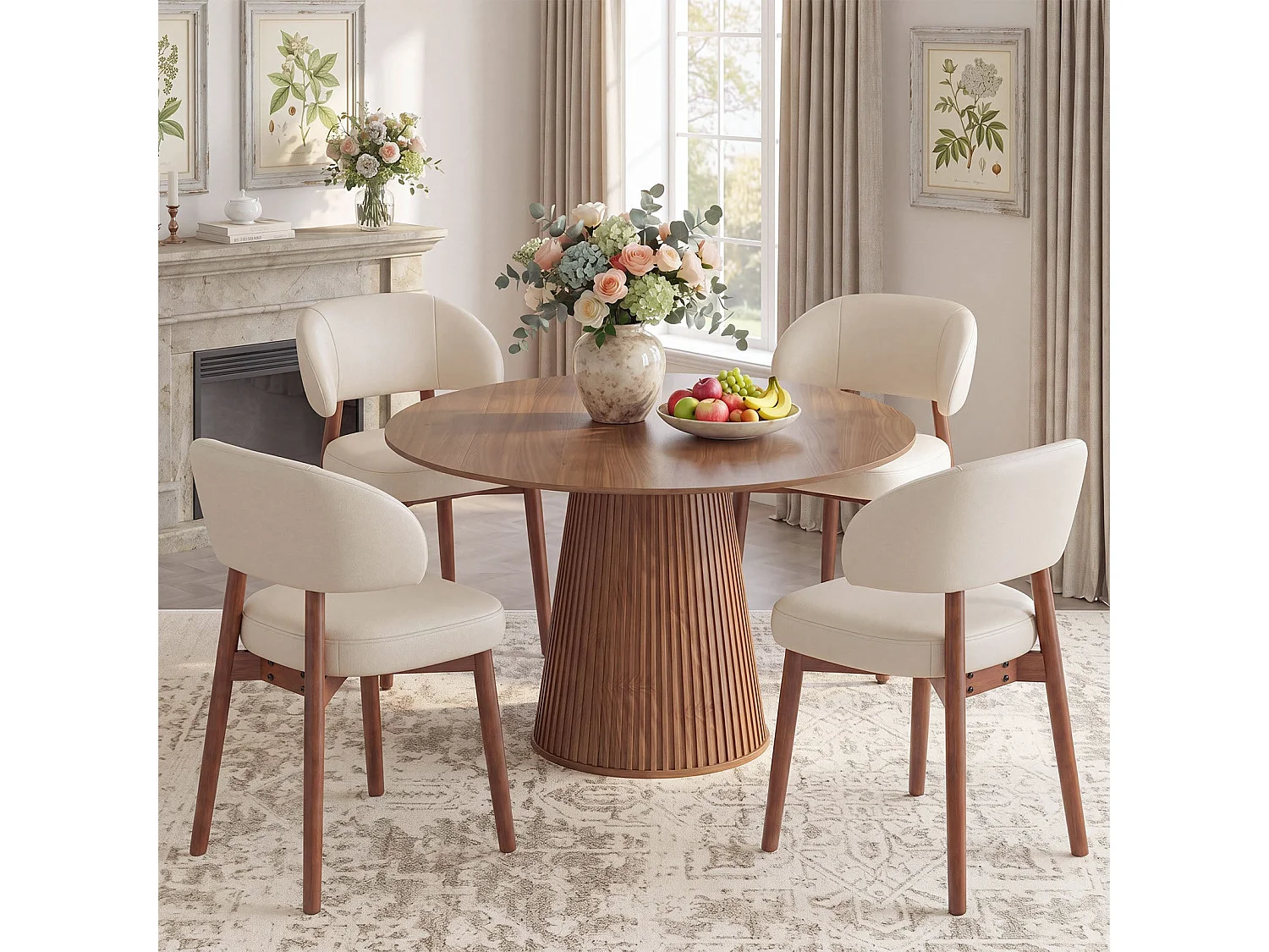 Set van 2 eetkamerstoelen van kunstleer, extra brede gebogen en omhullende rugleuning, houten frame met verstelbare voetdoppen, beige