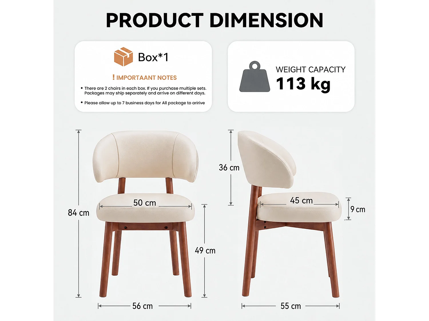 Set van 2 eetkamerstoelen van kunstleer, extra brede gebogen en omhullende rugleuning, houten frame met verstelbare voetdoppen, beige