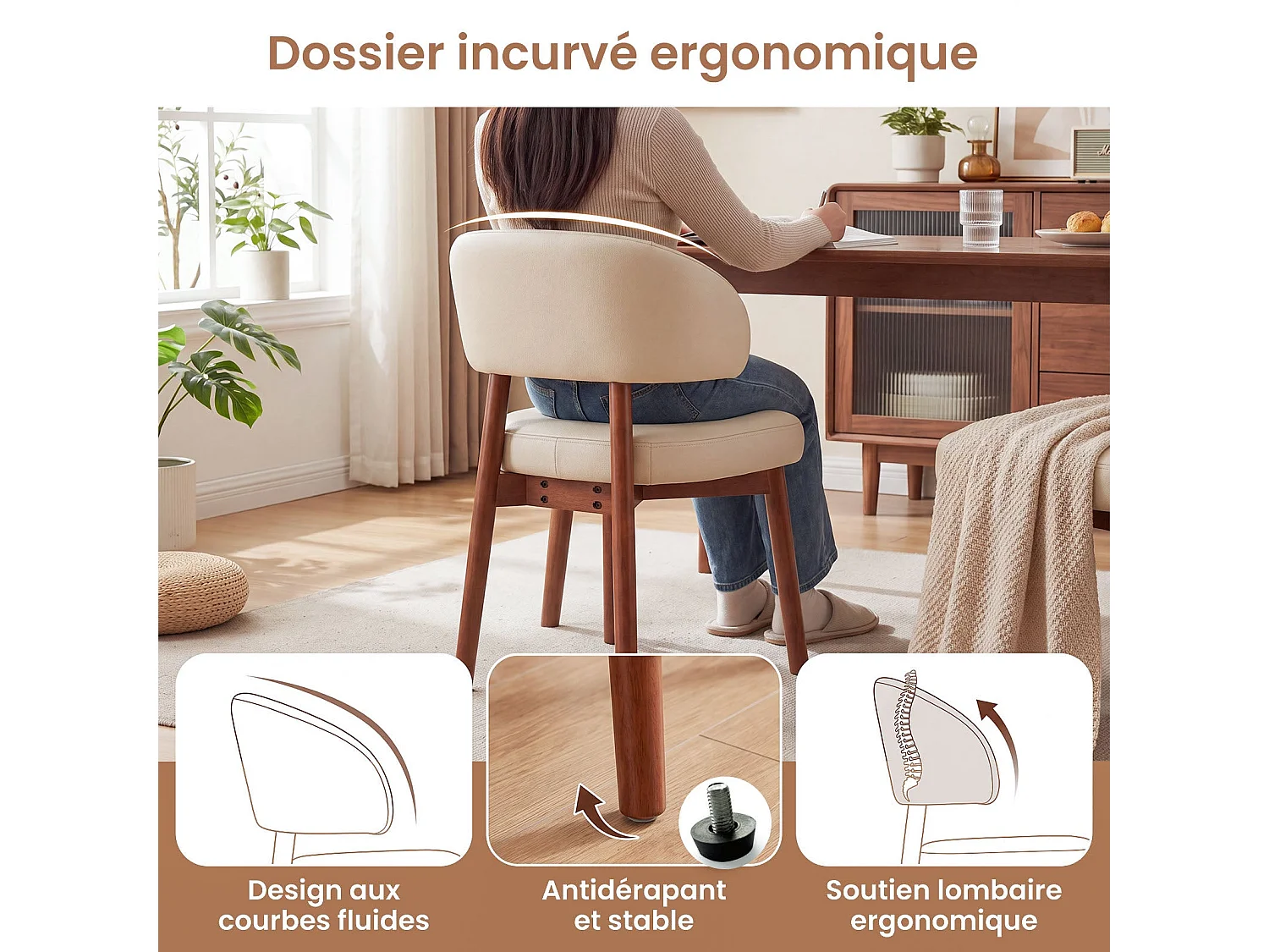 Set van 2 eetkamerstoelen van kunstleer, extra brede gebogen en omhullende rugleuning, houten frame met verstelbare voetdoppen, beige